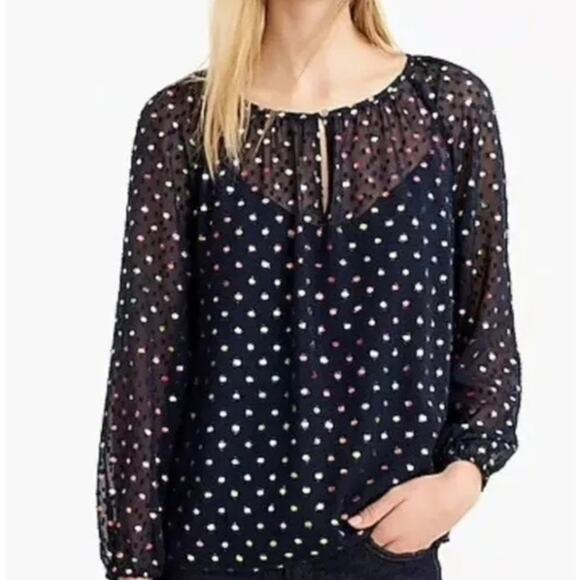 J. Crew Women's Blouse Whimsical BluePolkaDot Size 2XS Lite, Air Chiffon Sleeves - Picture 3 of 11